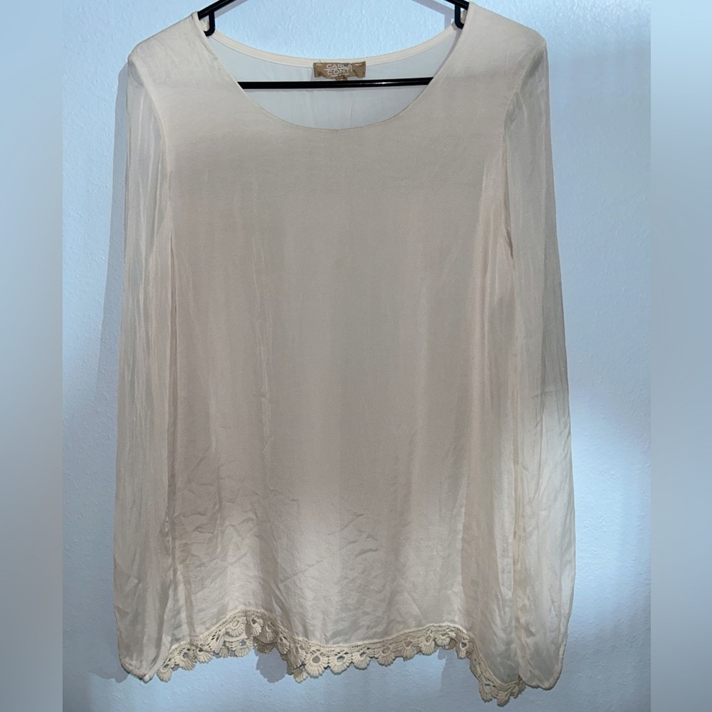 Carla Conti Cream Silk Peasant Blouse Sheer Sleeve Fully Lined Top 100% Silk